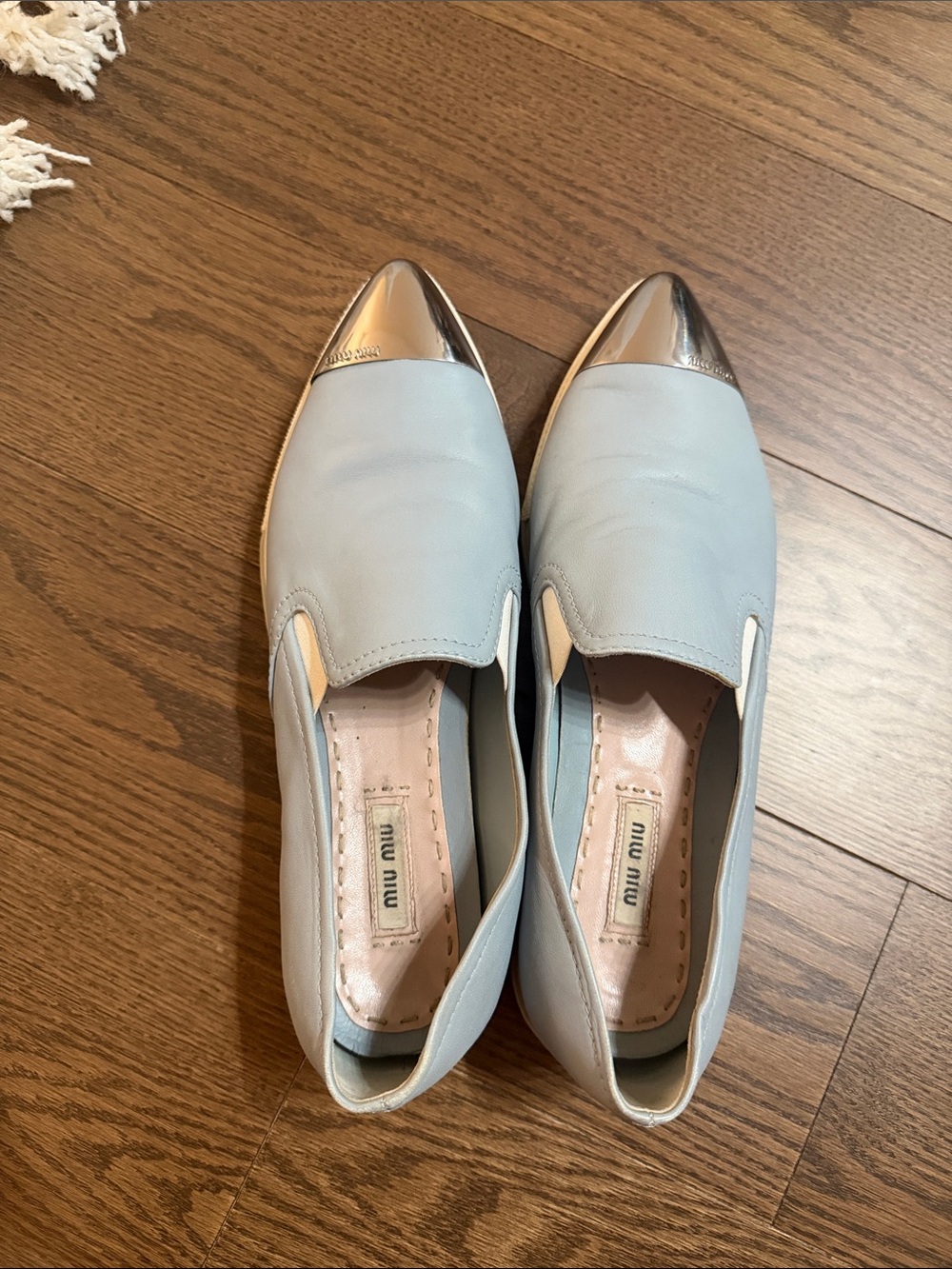 Miu Miu Powder Blue Leather Loafers with Silver Cap Toe